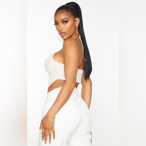 PRETTYLITTLETHING Nude Beige Front Ruched Ribbed Halter-neck Cropped Top Shirt S - Picture 4 of 16